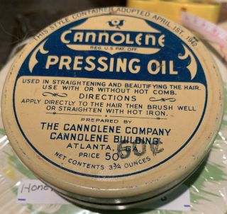 Vtg 1942 Old Stock Ww2 Hair Pressing Oil Atl Ga Cannolene Tin Hair History Nr