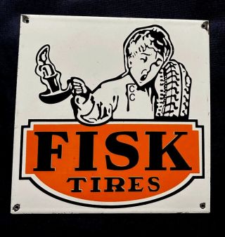 Vintage Fisk Tires Porcelain Sign Car Gas Oil Truck Gasoline Automobile