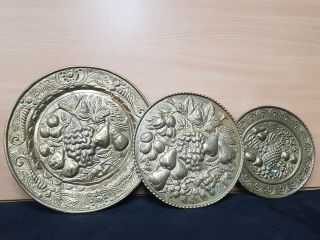 3 Old Vintage Brass Fruit Plates Wall Plaques Retro Cafe Shop Grocery