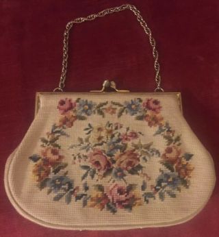 Vintage Needlepoint Floral Tapestry Bag Handbag Purse Clutch Floral Chain