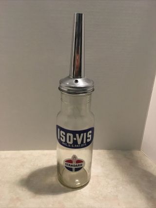 Vintage Standard Oil Company Iso - Vis Glass 1 Qt.  Oil Bottle With Spout