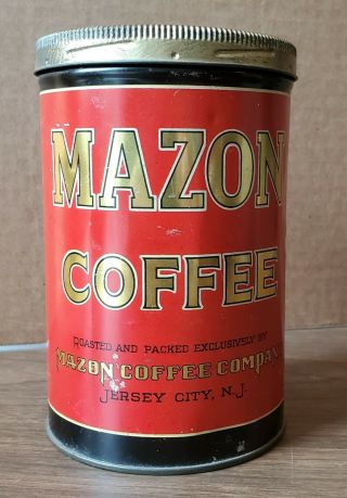 Vintage Mazon Coffee 1 Lb Tin/can,  Jersey City,  Nj,  Twist Off Lid,  Pat 1927