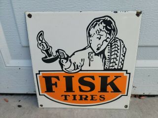 Vintage Fisk Tires Porcelain Sign (rare) Hunting Fishing Camping Gas Oil