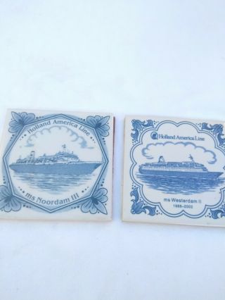 2 Holland American Line Blue White Porcelain Tiles Coasters,  Veendam,  Volendam