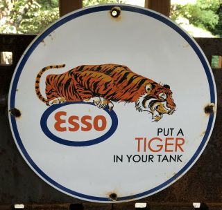 Vintage 1962 Dated Esso Gasoline Porcelain Gas Oil Sign Put A Tiger In Your Tank