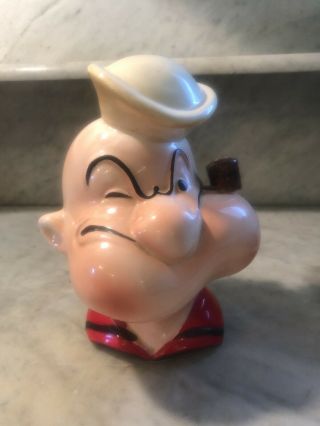 Vintage Popeye Coin Bank Ceramic Sailor Man Head Signed King Feature W/ Stopper