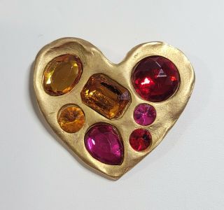Vintage Don Lin Multi - Color Jewel Heart Goldtone Brooch Signed