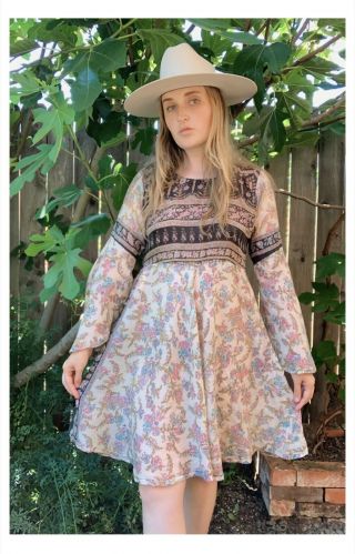 Vintage 60s 70s Indian Cotton Gauze Floral Bell Sleeve Mini Long Sleeve Dress S