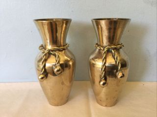 2 Matching Vintage Solid Brass Vases With Rope Decoration