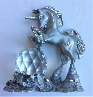 Vintage Miniature Pewter Unicorn With Crystal Ball 3 1/4 "