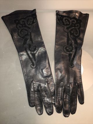 Vintage Opera Leather Long Gloves Black W/cutwork Sz - 7
