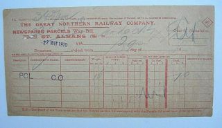 Gnr Railway Newspaper/ Parcel Waybill St Albans To London X Cross? 22/3/1910 Vgc