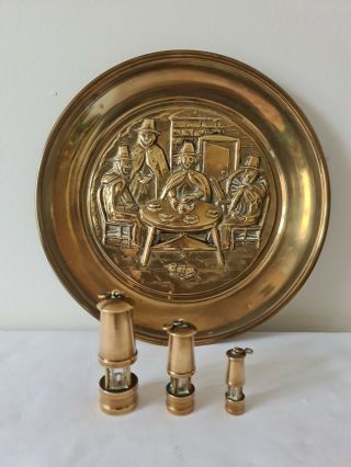 3 X Vintage Brass & Miners Lamps Inc.  Miniature,  Cymru Wales Etc Welsh Ladies