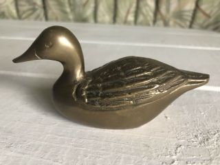 Vintage Brass Duck Figurine Paperweight Small 4 - 1/2 " Long Patina Bird Mallard