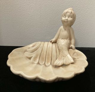 Vintage Ceramic Mermaid Sitting On Seashell Bathroom Soap Trinket Dish Tan