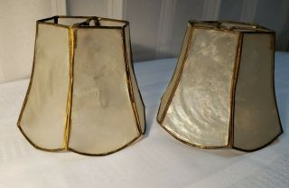Pair (2) Of Vintage Brass,  Mother Of Pearl,  Capiz Shell Lamp Shades,  4 " Tall