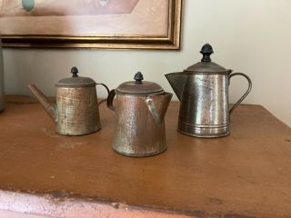 3 Tiny Antique Hand - Soldered Tin Coffee Pots / Teapots W/ Wood Knobs - 1 Etched
