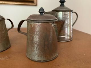 3 Tiny Antique Hand - Soldered Tin Coffee Pots / Teapots w/ Wood Knobs - 1 Etched 3