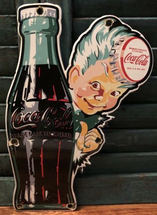 Vintage Coca Cola Coke Sprite Boy Bottle Soda Pop Porcelain Gas Station Sign