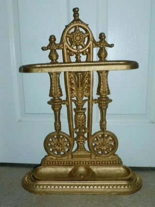 Antique Gold Gilt Heavy Cast Iron Cane Umbrella Stand Fireplace Tool Holder