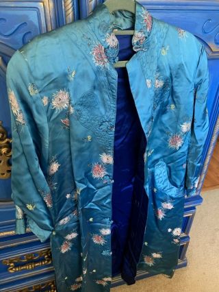 Vintage Peony Silk Asian Kimono Dress Jacket China Size 36 Blue With Flowers