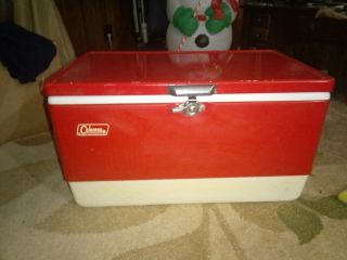 Vintage Red Metal Coleman Cooler With Bottle Openers On Each Side 23 "