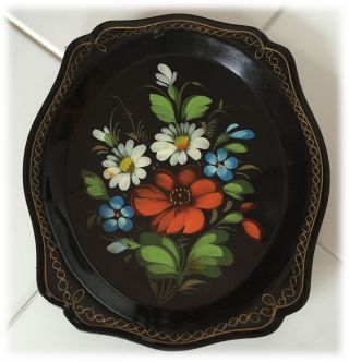 Vtg Russian Handpainted Zhostovo Metal Tray Red White Flowers Floral On Black