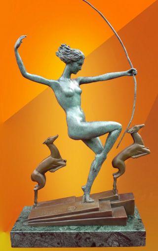 Art Deco Bronze Diana With Fawn Statue Signed Sculpture Hot Cast Naked Figure