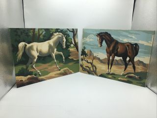 2 Vintage Paint By Numbers Pbns Horses Ponies Stallion Finished 10 X 14 Desert