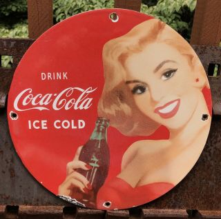 Vintage Coca - Cola Coke Porcelain Sign Soda Pop Bottle Blonde Monroe Ice Cold