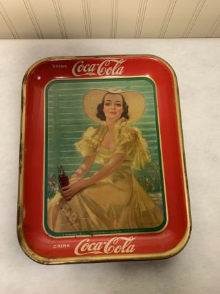 Vintage Coca - Cola Advertising Metal Serving Tray 1938 Girl In Yellow Dress 2
