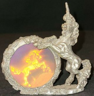 Pewter,  2.  5 " X 2.  5 ",  Unicorn With Hologram Disk Figurine.