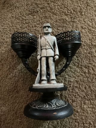 Cast Iron Civil War Confederate Soldier Double Candle Holder Stand Statue