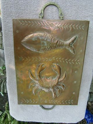 Antique Copper Hand Made Pan Greek Fish And Crab Decor Brass Handles 15.  75 " Nr