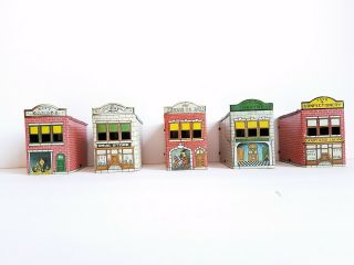 Group 5 Vintage 1914 West Bros Tin Businesses Drug Garage Fire Candy Containers