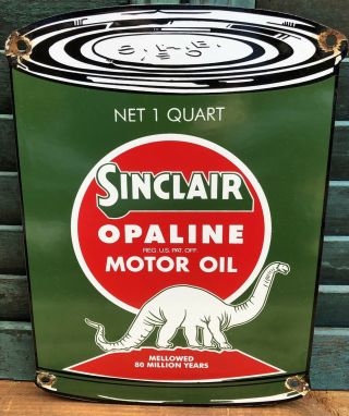 Vintage Sinclair Opaline Oil Can Gasoline / Motor Oil Porcelain Gas Pump Sign