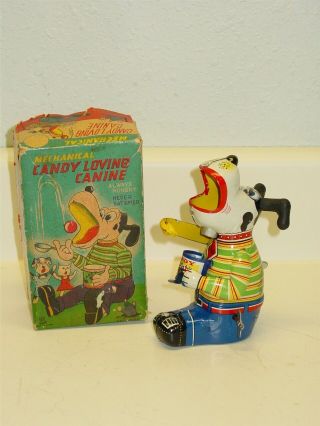 Vtg Tin Litho T.  P.  S.  Mechanical Candy Loving Canine,  Wind Up Toy,