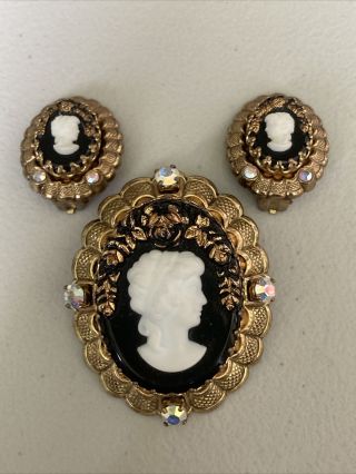 Vintage Resin Cameo Brooch Pin And Clip Earring Set,  Gold Tone Rhinestone