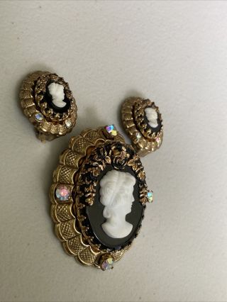 Vintage Resin Cameo Brooch Pin And Clip Earring Set,  Gold Tone Rhinestone 2