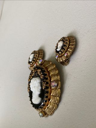 Vintage Resin Cameo Brooch Pin And Clip Earring Set,  Gold Tone Rhinestone 3