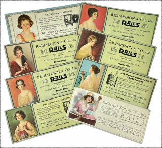 8 Antique Blotter Cards W/ Lovely Ladies,  Series W/names,  Brown & Bigelow 1920 
