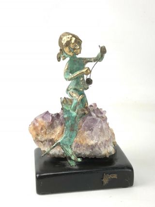 1972 Malcom Moran Statue Of Girl On Rock With Cat.