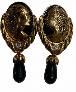 Vintage Coreen Simpson Goldtone,  Black Regal Beauty Cameo Pierced Earrings