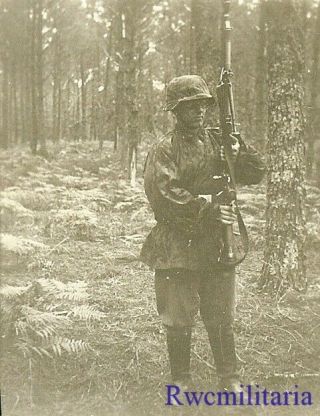 Rare Helmeted German Elite Waffen Soldier In Camo Battle Smock W/ Rifle