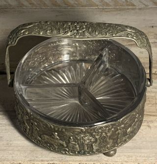 Antique Vintage Holland Ware Silverplate on Copper Glass Divided Dish Candy Bowl 3