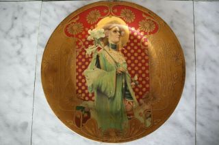 Antique Art Nouveau Royal Saxony Vienna Tin Art Plate 106 Phantasie Lady Lily