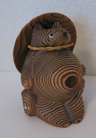 Vintage Japanese Tanuki Cryptomeria Wood Carved Bear W Hat Signed