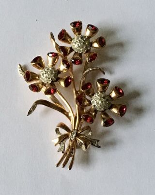 Vintage Sterling Coro Sterling Gold Tone Large Rhinestone Bouquet Pin Brooch