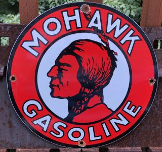 Vintage Mohawk Oils Motor Oil Gasoline Porcelain Enamel Gas Pump Sign