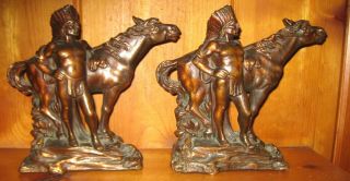1928 Armor Bronze Corp.  Nyc Pair Bronze Clad Indian Horse Bookends Estate Item